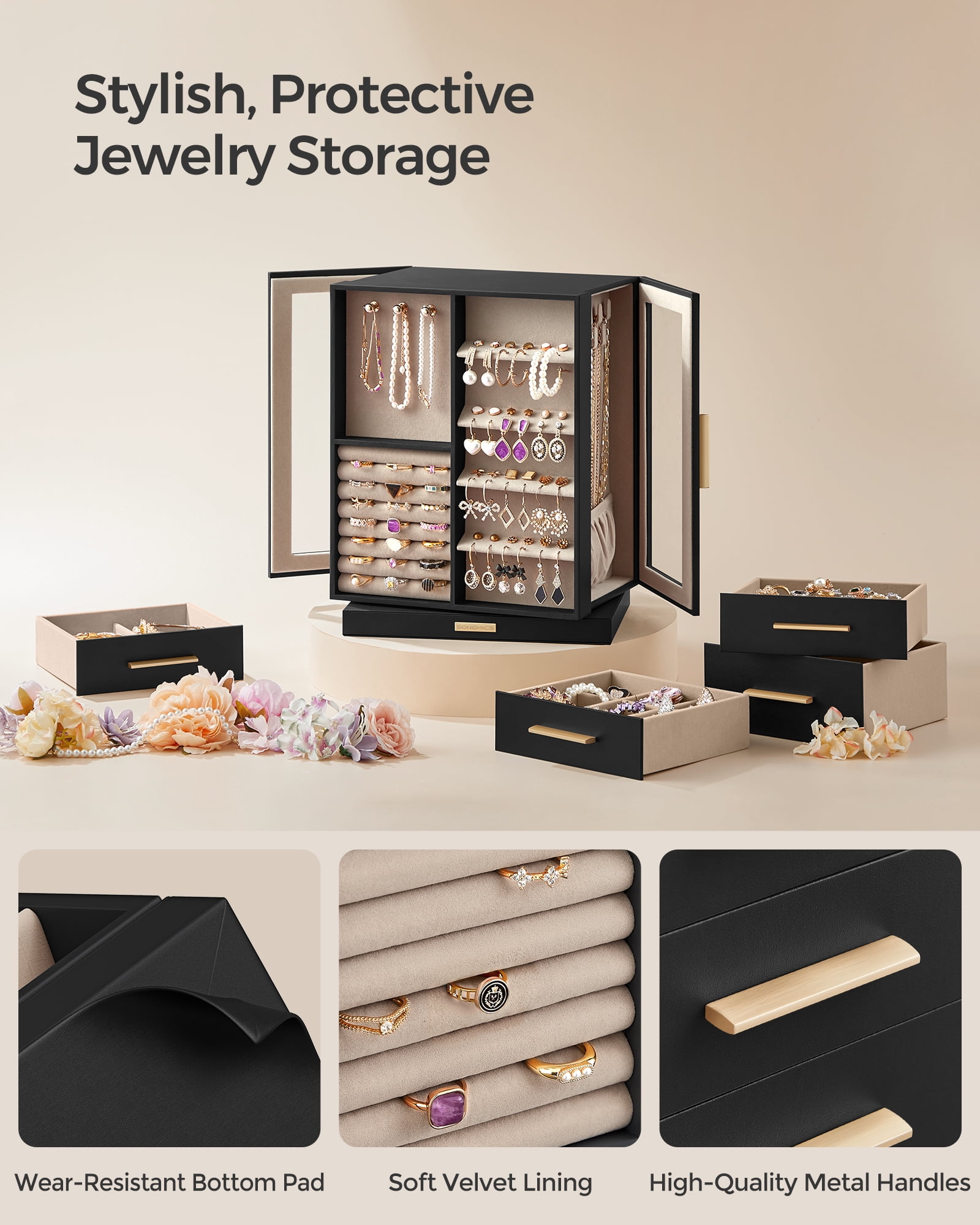 360° Rotating Jewelry Box with Glass Window and 5 Drawers Jewelry Storage Case Organizer , Graphite Black
