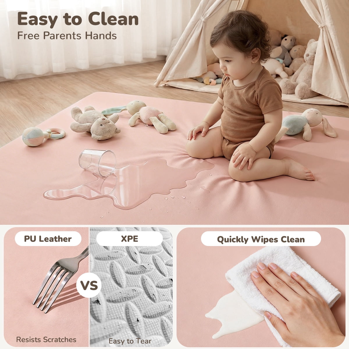 Baby Play Mat, Caveen Vegan Leather Baby Playpen Mat, Thicken Soft Crawling Mat for Infant, Wipe-Clean, 50"x 50", Pink