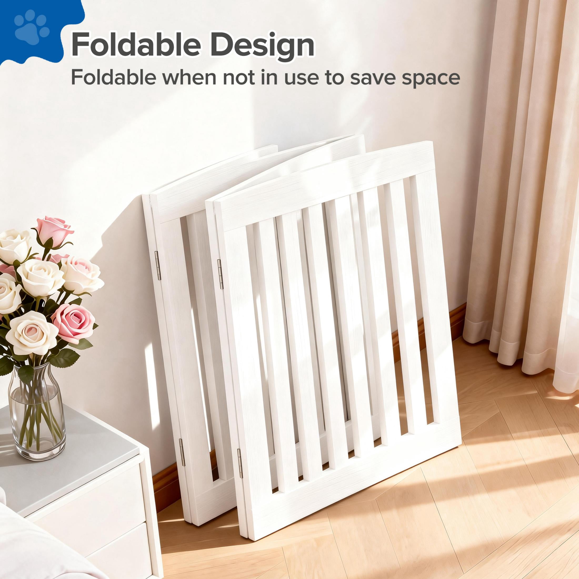 EDX 24" Height-4 Panels Wooden Pet Gate for Dogs and Cats, Foldable Freestanding Dog Gate with Hinge Design, Indoor Portable Extra Wide Dog Fence Pet Barrier, For Doorways, Stairs, White