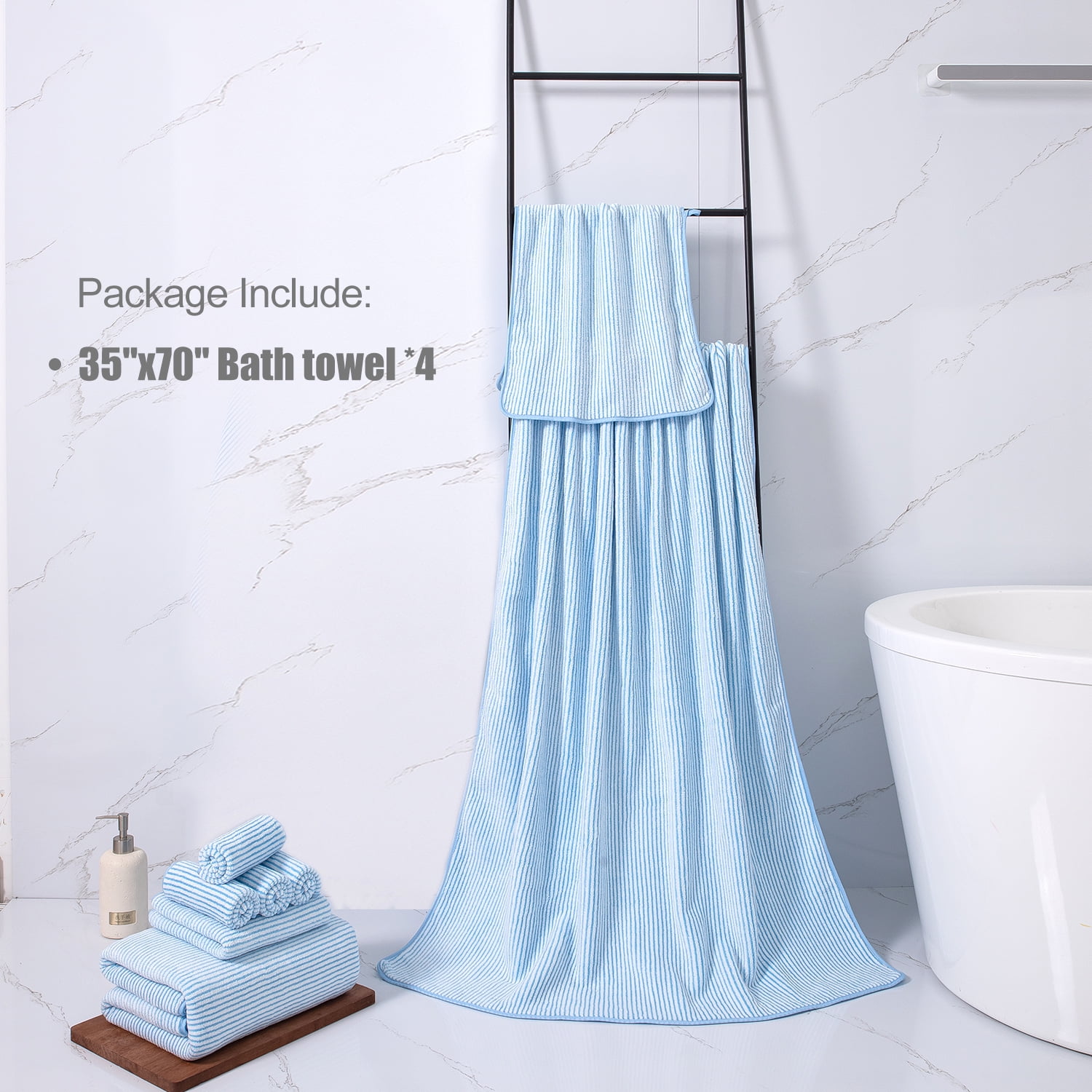 Smuge 4 Pack Large Bath Towels 35 x 70 Inches, 100% Microfiber Ultra Soft Extra Large Bath Towel Set Oversized Bathroom Towels for Bathroom Kitchen Spa Hotel Gym (Blue White)