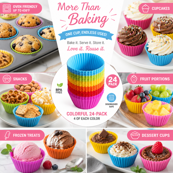 24pcs Silicone Cupcake Muffin Liners Assorted Colors - Light Blue Green Yellow Orange Red Rose, Non-Stick Baking Cups Heat-Resistant Molds for Kitchen Baking Cupcakes Muffins & Desserts, Colorful