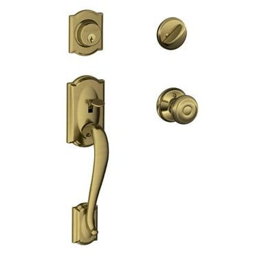 SCHLAGE Camelot Single Cylinder Handleset and Georgian Knob, Antique Brass (F60 CAM 609 GEO)