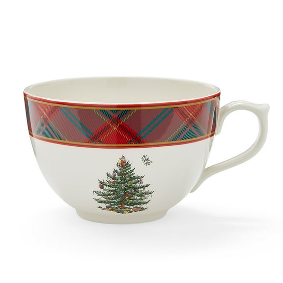 Spode Tartan Christmas Jumbo Mug - 20oz Porcelain Oversized Holiday Coffee Cup with Handle, Dishwasher & Microwave Safe - Plaid Ceramic Mug for Seasonal Dining & Tableware Gifting Ideas