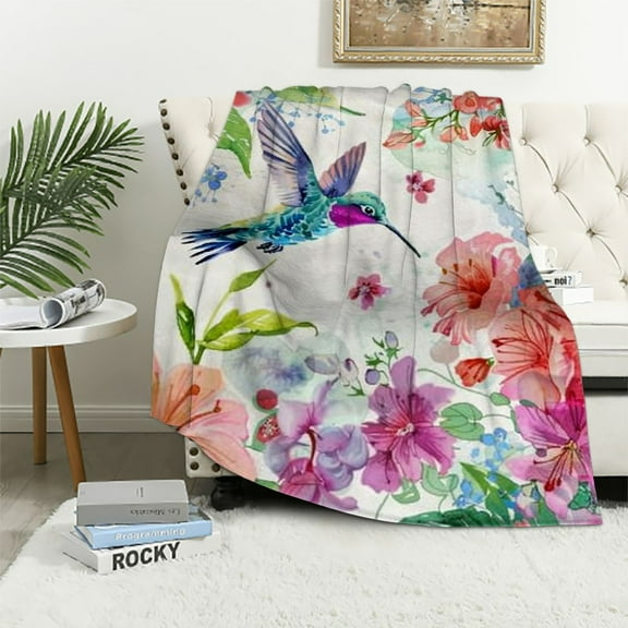 PRATYUS Hummingbird Floral Bird Blanket Gifts - Colorful Flowers Spring Blossom Nature for Women Girls Adults Throw Soft Lightweight Cozy Fuzzy Birthday Christmas Bedroom Camping Decor 40x50in