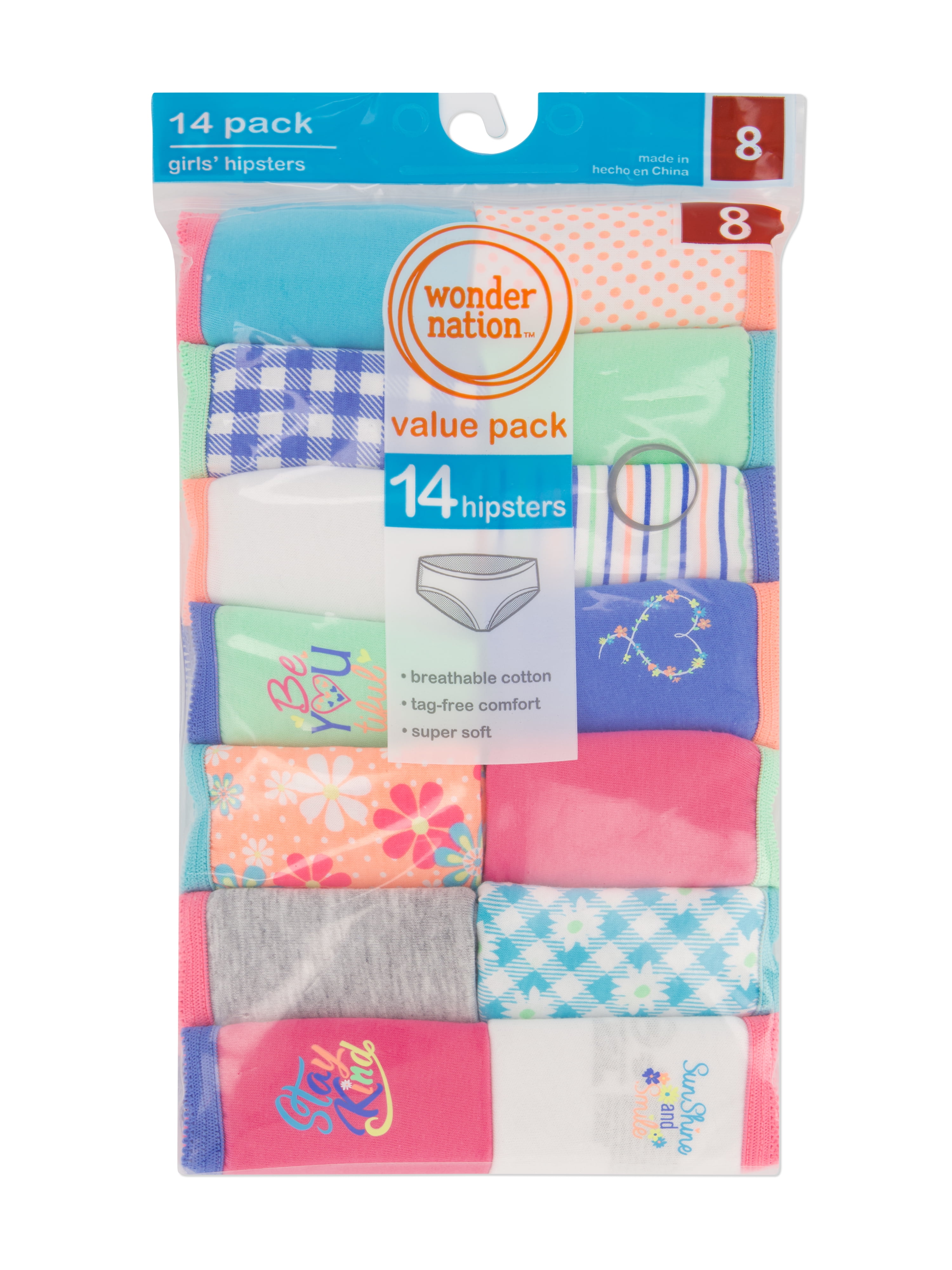 Wonder Nation Girls Hipster Cotton Underwear 14-Pack, Sizes 4-18