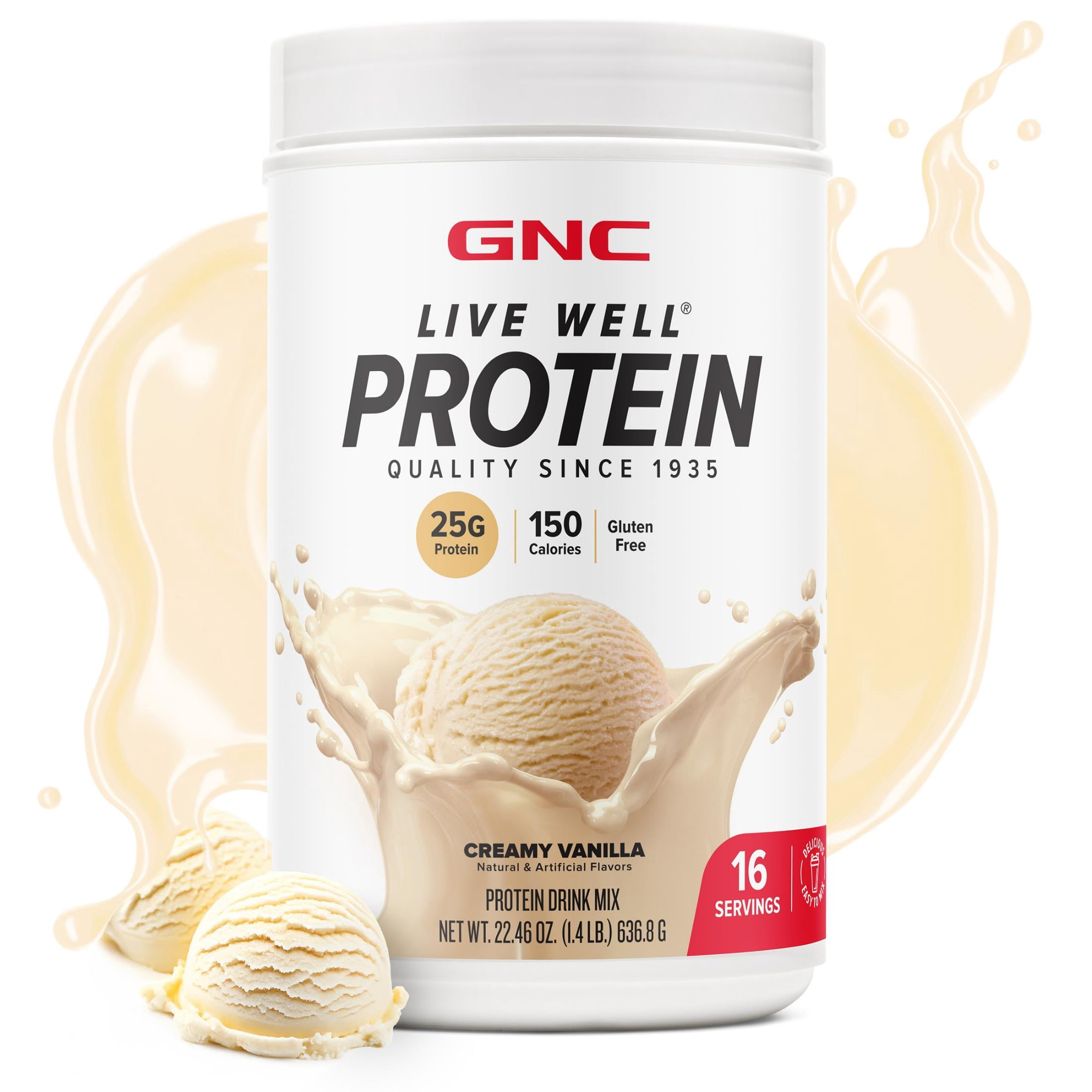 GNC Live Well Protein Powder, 25g Whey Protein, Creamy Vanilla, Gluten Free, No Sugar Added, 16 Servings