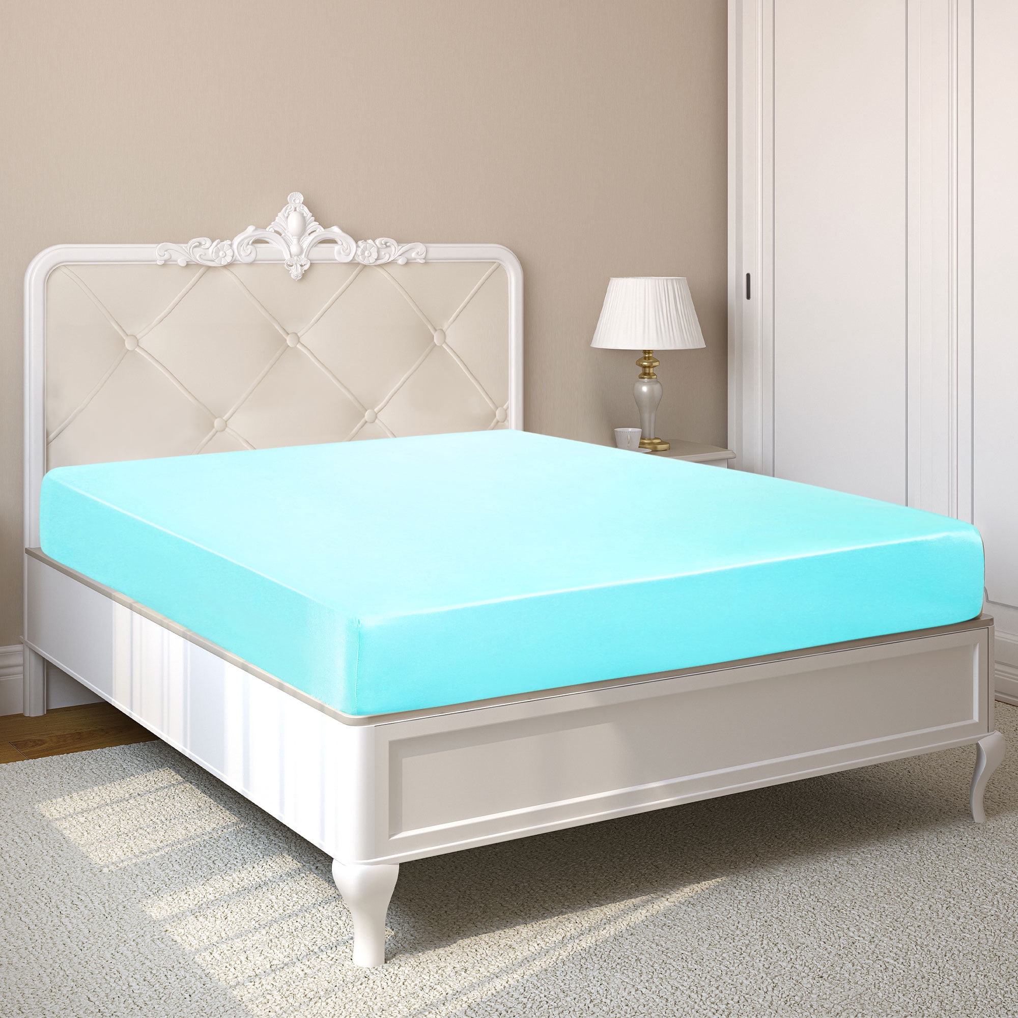 Unique Bargains 12" Large Pocket Satin Silk Fitted Sheet Queen Cyan