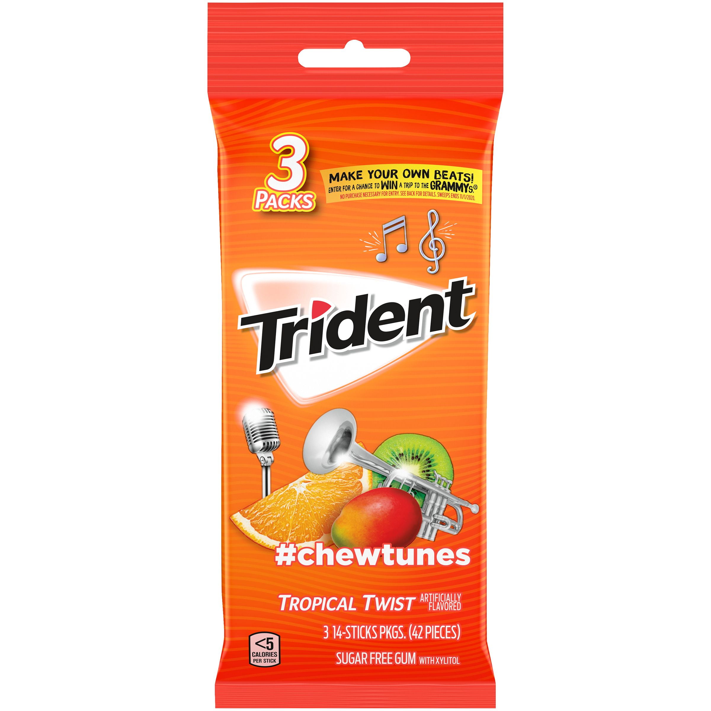 Trident Sugar Free Chewing Gum, Tropical Twist Flavor, 3 Packs (42