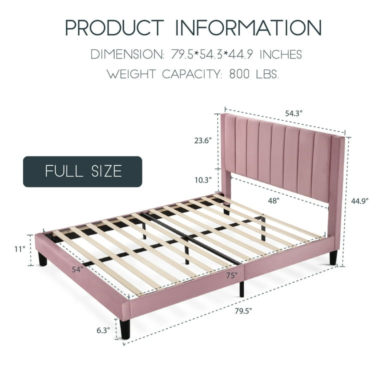 Einfach Full Size Velvet Platform Bed Frame with Vertical