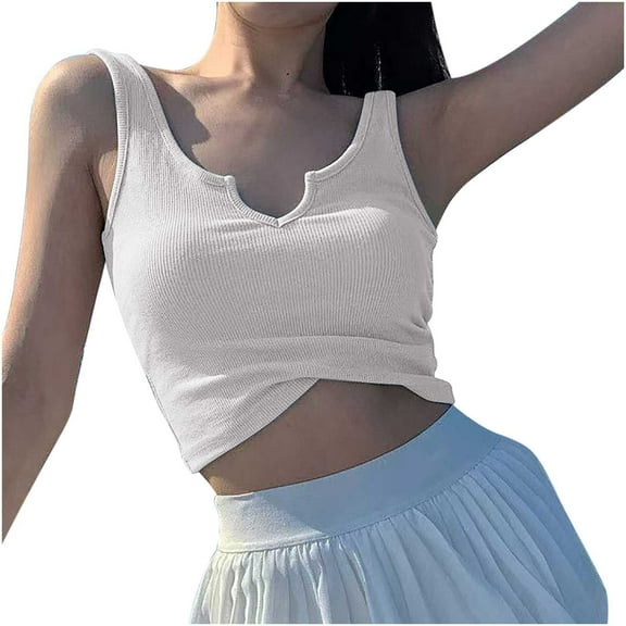 Annhoo Womens Tank Tops Notched V Neck Ribbed Knitted Crop Vest Blouse Sleeveless Slim Summer Going Out T-Shirts