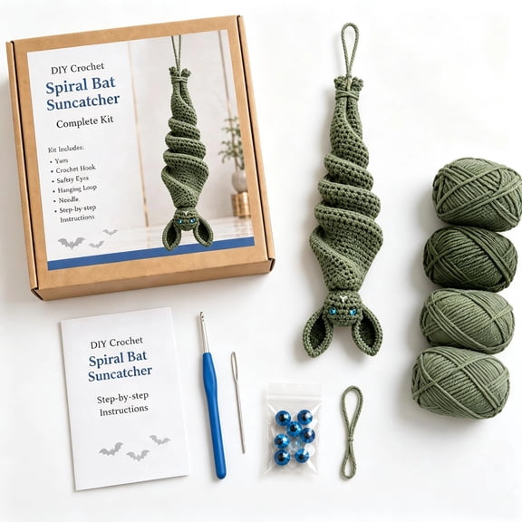 DIY Crochet Spiral Bat Suncatcher Complete Kit, Halloween Crochet Craft Set with Yarn, Hook, Needle and Step-by-Step Instructions