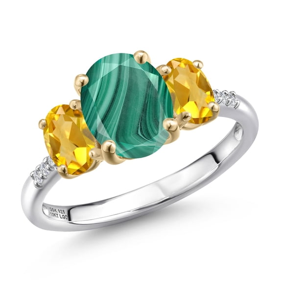 Gem Stone King 925 Silver and 10K Yellow Gold Green Malachite and Yellow Citrine and Lab Grown Diamond Engagement Ring for Women | 3.46 Cttw | Oval 9X7MM | Birthstone | Size 5