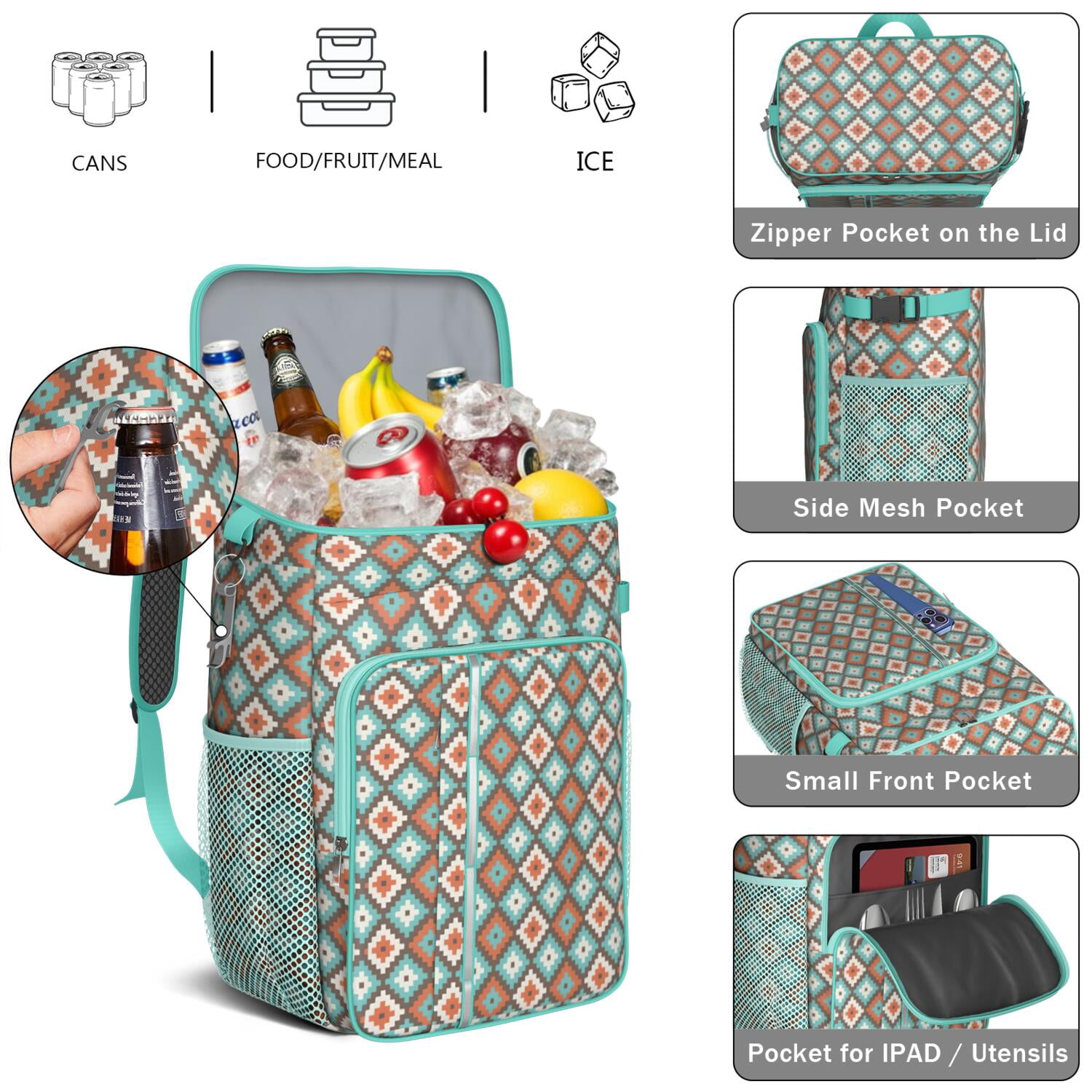 Travel Cooler Bag - Boho Bohemia Flower Camping Beer Cooler Backpack with Bottle Opener- Waterproof Insulated Picnic Backpacks - Cooler Bag for Beach