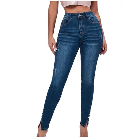 Wyobmus Women s Skinny Boootcut Denim Pants Casual Slim High Waist Slit Hem Jeans Blue