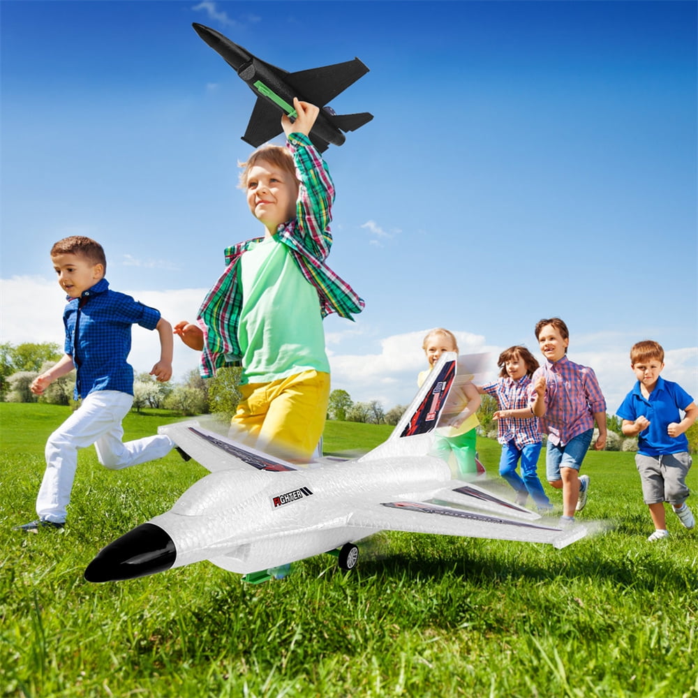 Growsly 2 Pack Catapult Airplane Foam Warplane Glider Toys with Launcher Xmas Gifts for 4-12 Years Old Kids, Black and White