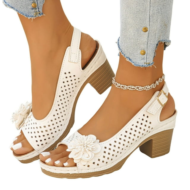 Women's Platform High Heels Dress Sandals Comfortable Orthopedic Flower Peep Toe Slingback Sandals