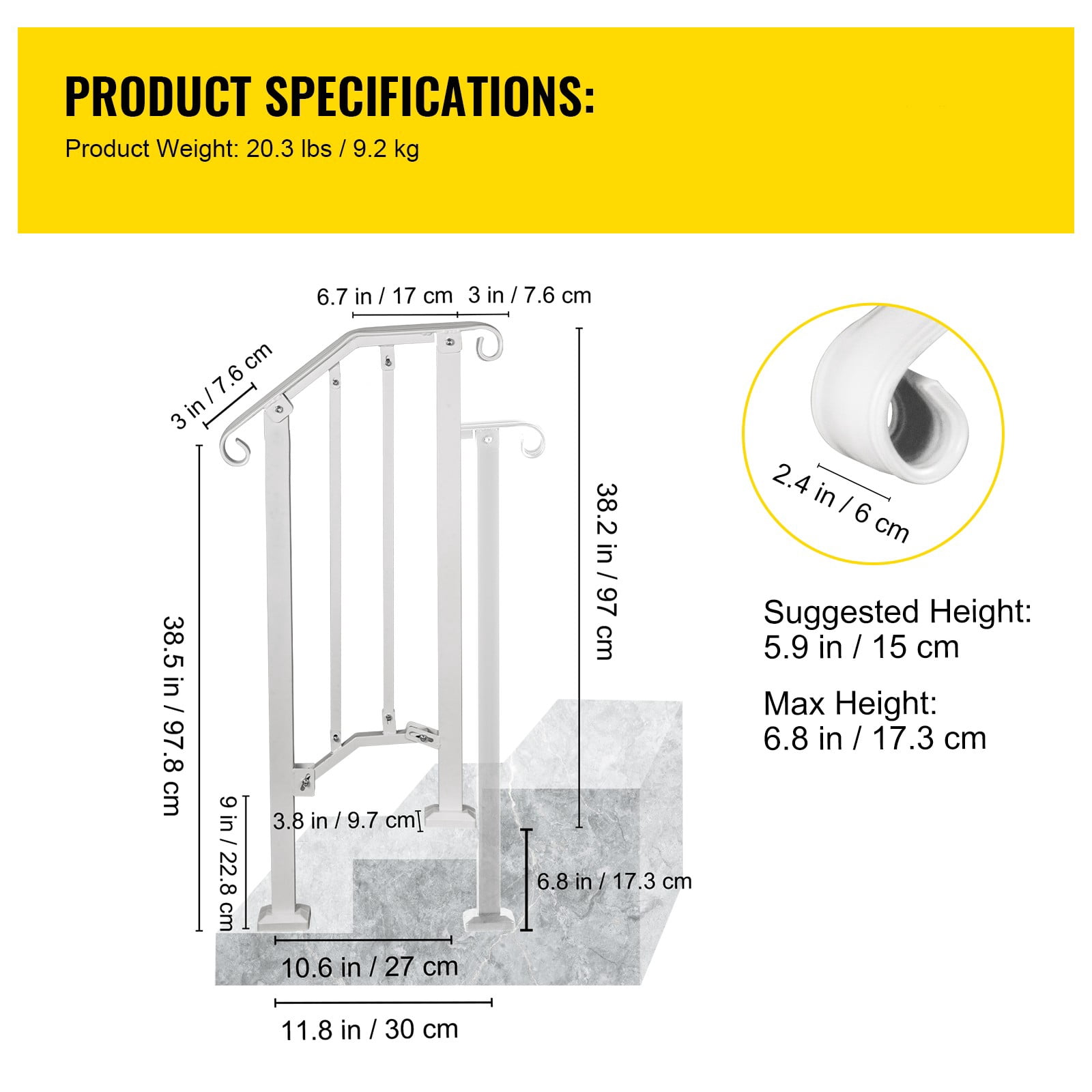BENTISM Wrought Iron Handrail Fits 1 or 2 Steps for Outdoor Steps Railing White