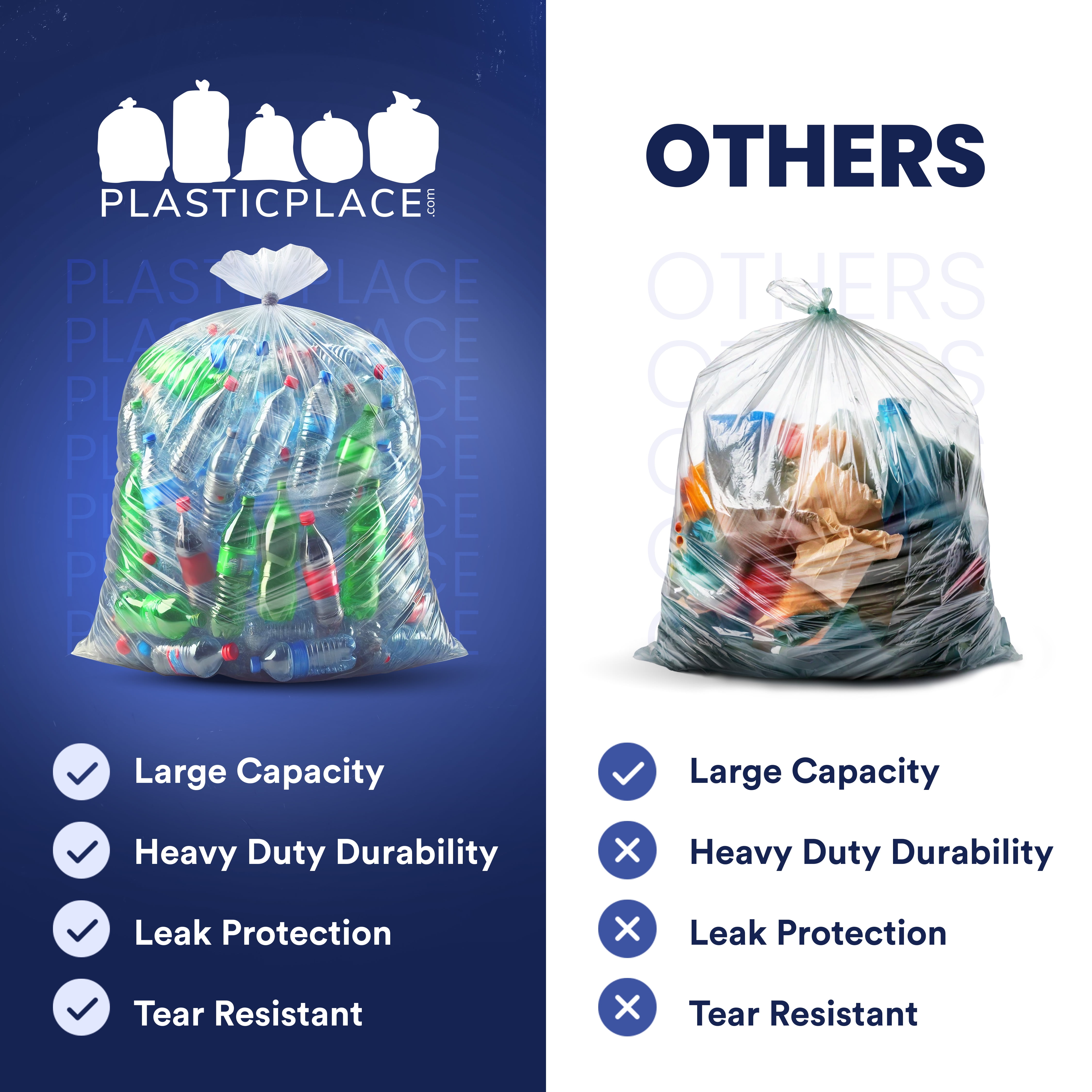 Plasticplace 55-60 Gallon Trash Bags │ 2 Mil │ Clear Heavy Duty Garbage Can Liners │ 38” x 58” 1 Count (Pack of 50)