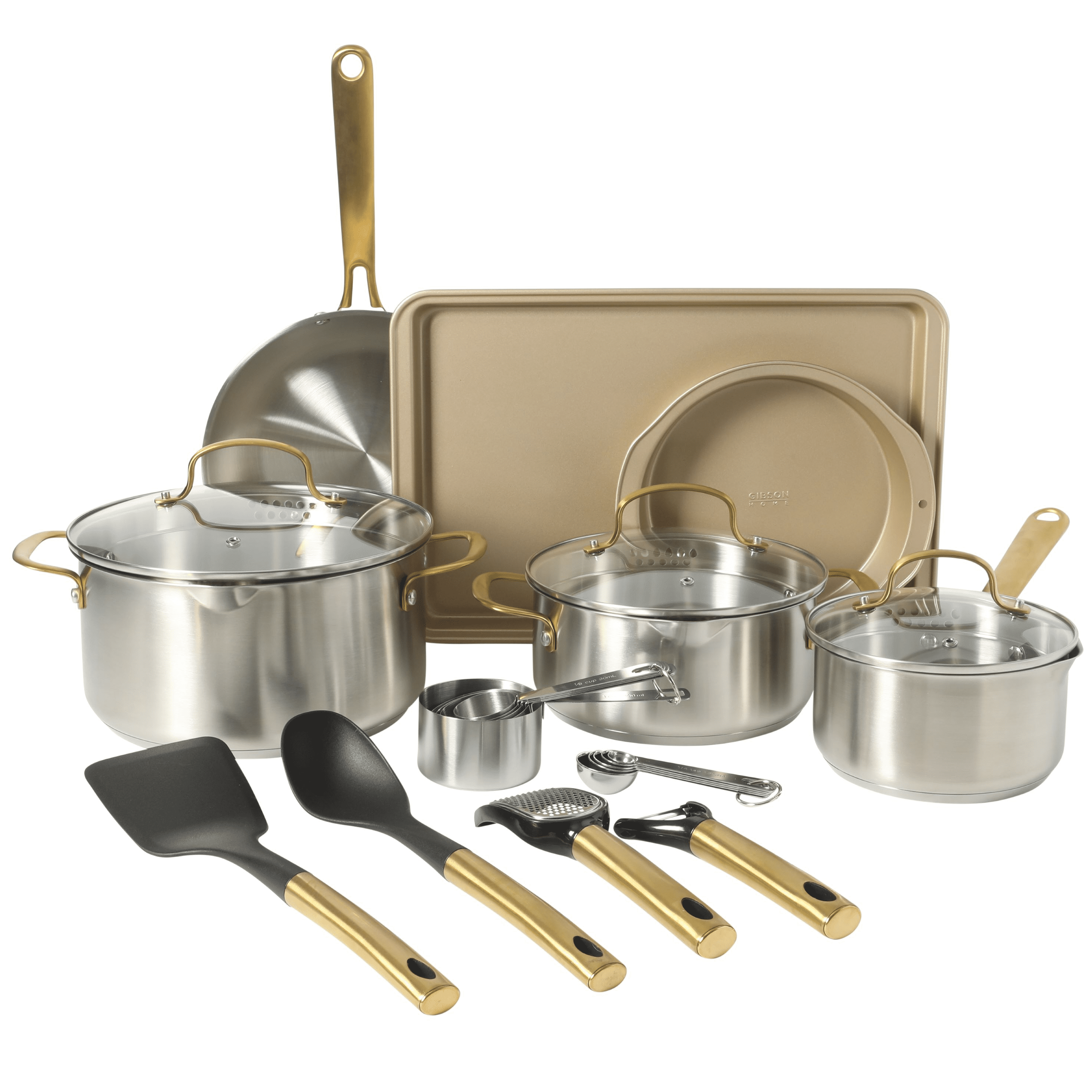 Gibson Home 55-Piece Stainless Steel Cookware Set, Cooking Pots and Pans with Dinnerware, Bakeware, & Utensils