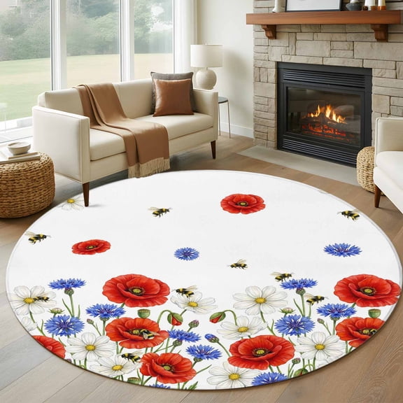 Red Blue Poppy Floral Round Area Rug 7Ft Washable Circle Rugs for Dorm Laundry Room, Farmhouse Spring Flowers Non-Slip Carpet Floor Mats Indoor Outdoor Carpet Runner Aesthetic Home Decor