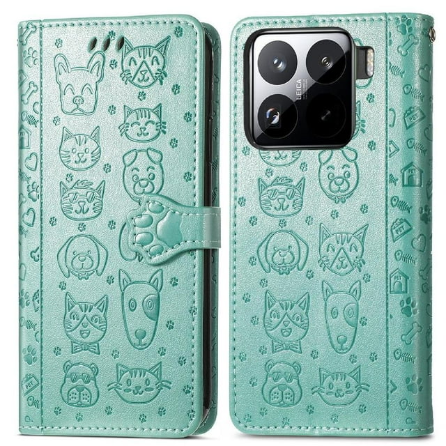 funda cartera foxdock para xiaomi 15 verde, flip en cuero PU con relieve de gatos y perros, vista frontal y trasera con cierre magnético tipo solapa y detalle de huella; incluye ranuras para tarjetas y bolsillo para efectivo, carcasa interna TPU para protección 360° y soporte plegable para visualización manos libres; también apta para guardar tarjetas de viaje.