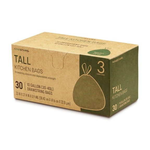 Nine Stars Kitchen Trash Bags, 10 Gallon Heavy-Duty Drawstring Trash Bags, 30 Count