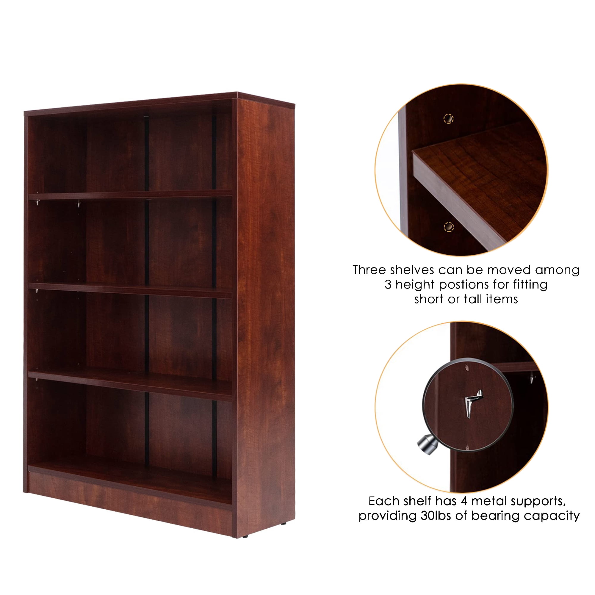 MAYEERTY Brown 4-Shelf Modern Wood Bookcase, 48" Tall, for Bedroom, Living Room, and Manga Library