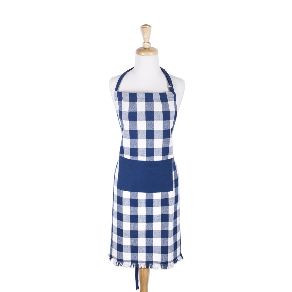 32" Blue and White Checkered Adjustable Heavyweight Fringe Chef Apron with Pocket