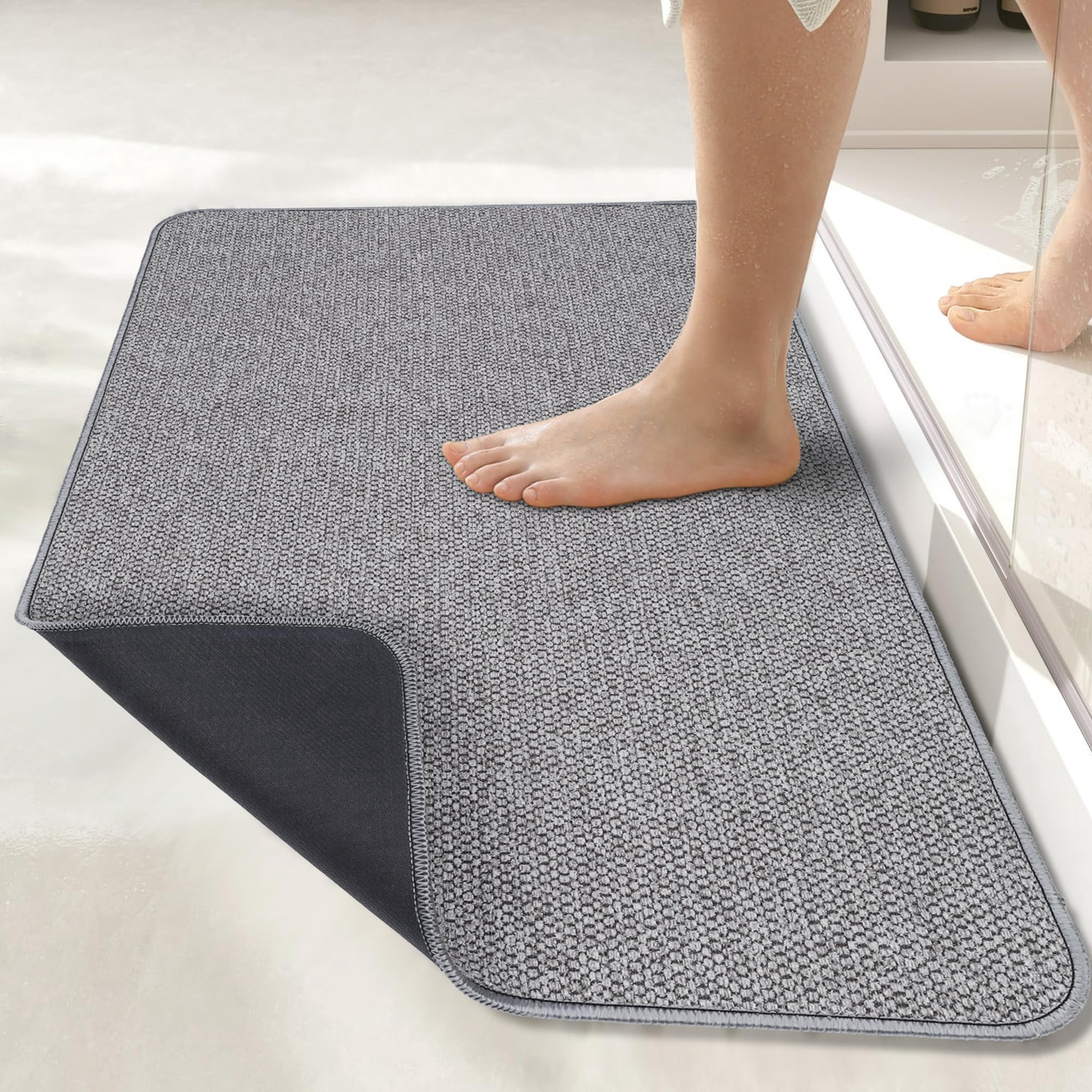 ,Bath Mat,Ultra Thin Bathroom Rugs,Rubber Bath Mats for Bathroom Non Slip Quick Dry Washable Fit Under Door,Absorbent,Bath Rugs Outside Shower,Sink(White,17''x27'')