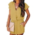 thumbnail image 3 of Mono de manga corta con cuello en V para mujer, mono holgado informal de punto suizo de Color puro con bolsillo, 3 of 6