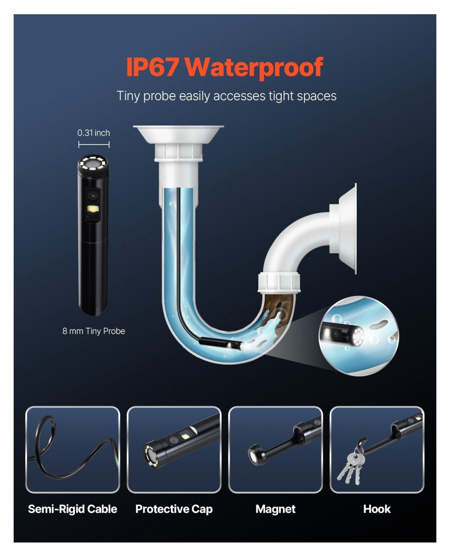 Dual Lens Borescope Endoscope Camera, 10FT Snake Cable, for Android & iOS - Auto Engine, Sewer, HVAC Inspection