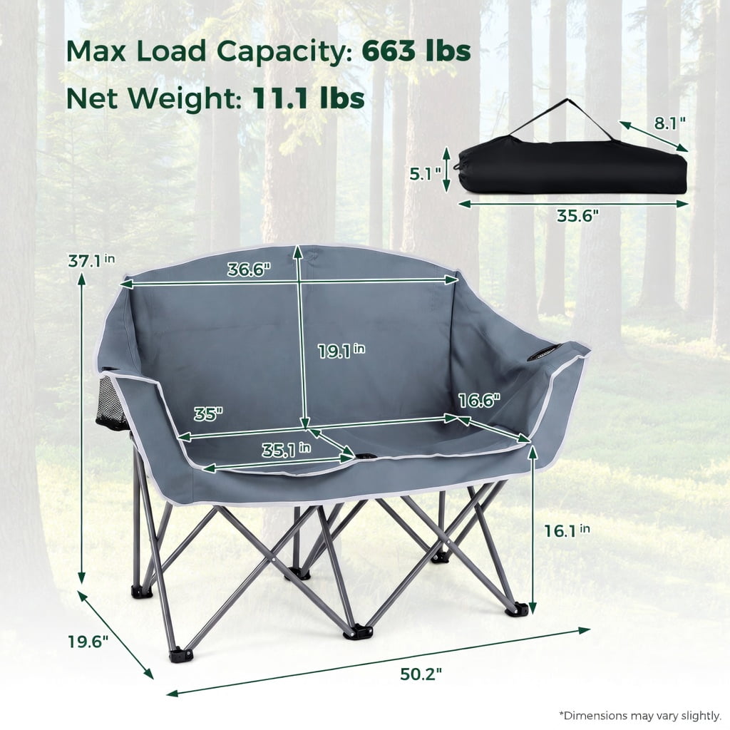 Hommoo Duo Portable Oversized Camping Loveseat Chair with Armrests, Dual Mesh Cup Holders & Heavy-Duty Steel Frame, Gray