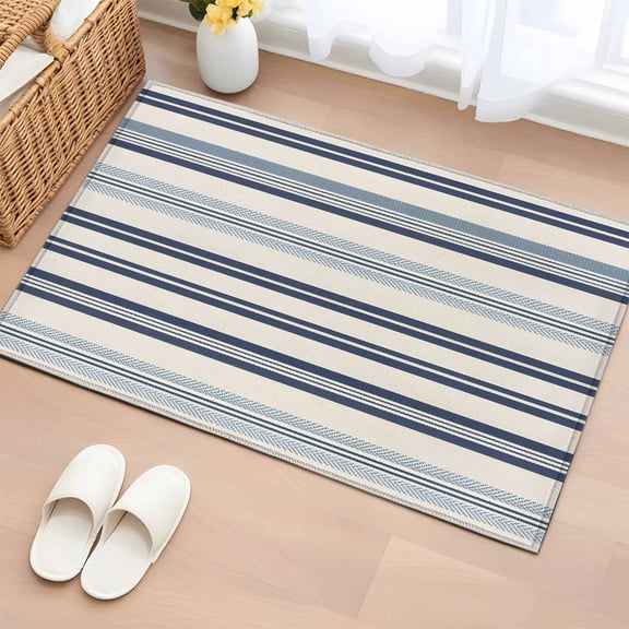 Blue Striped Bathroom Rug Washable 2x3 Entryway Rug Non Slip Beige Retro Simple Abstract Striped Lines Front Door Mat Low Pile Indoor Doormat Throw Floor Carpet for Kitchen Bedroom Entrance