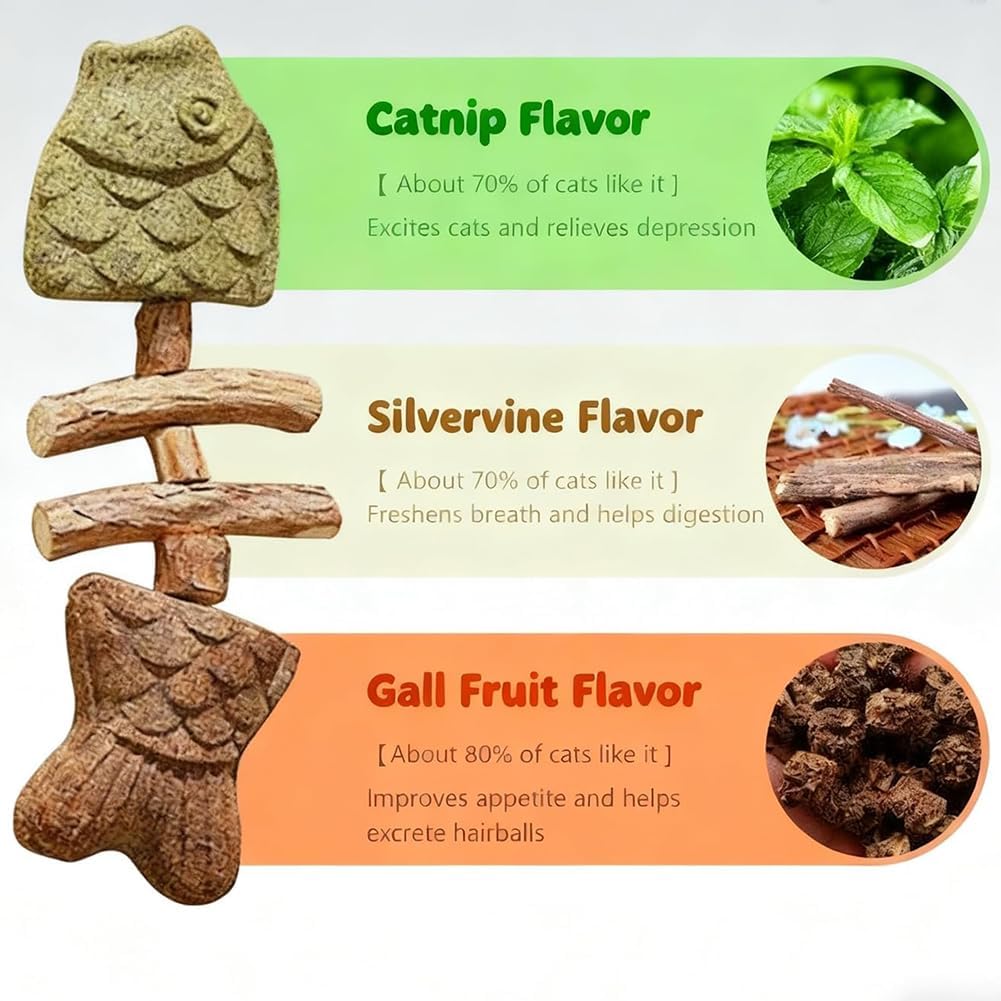 Natural Cat Dental Toy, Fishbone Catnip & Silvervine Chew Toy — Play, Clean, Enrich, Cat Chew Toy Scratch & Bite Resistant (9PCS)
