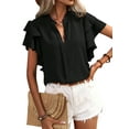 thumbnail image 2 of Gomelly Ladies Tops Plain Solid Color Shirts Loose Blouse Women Elegant Office Tunic Shirt Double Layer Ruffles Short Sleeve Black L, 2 of 5