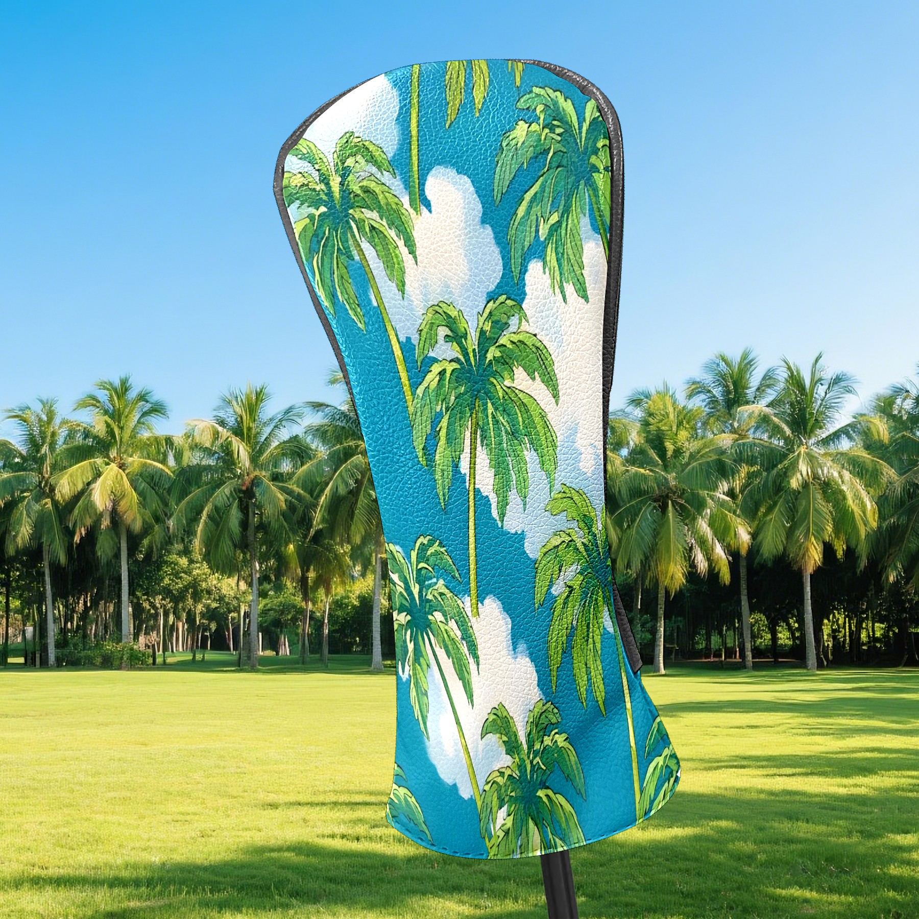 Golf Club Covers, Palm Tree Blue Premium PU Leather Driver Hybrid Putter Head Covers with Velvet Lining, Waterproof Golf Gifts for Men Women