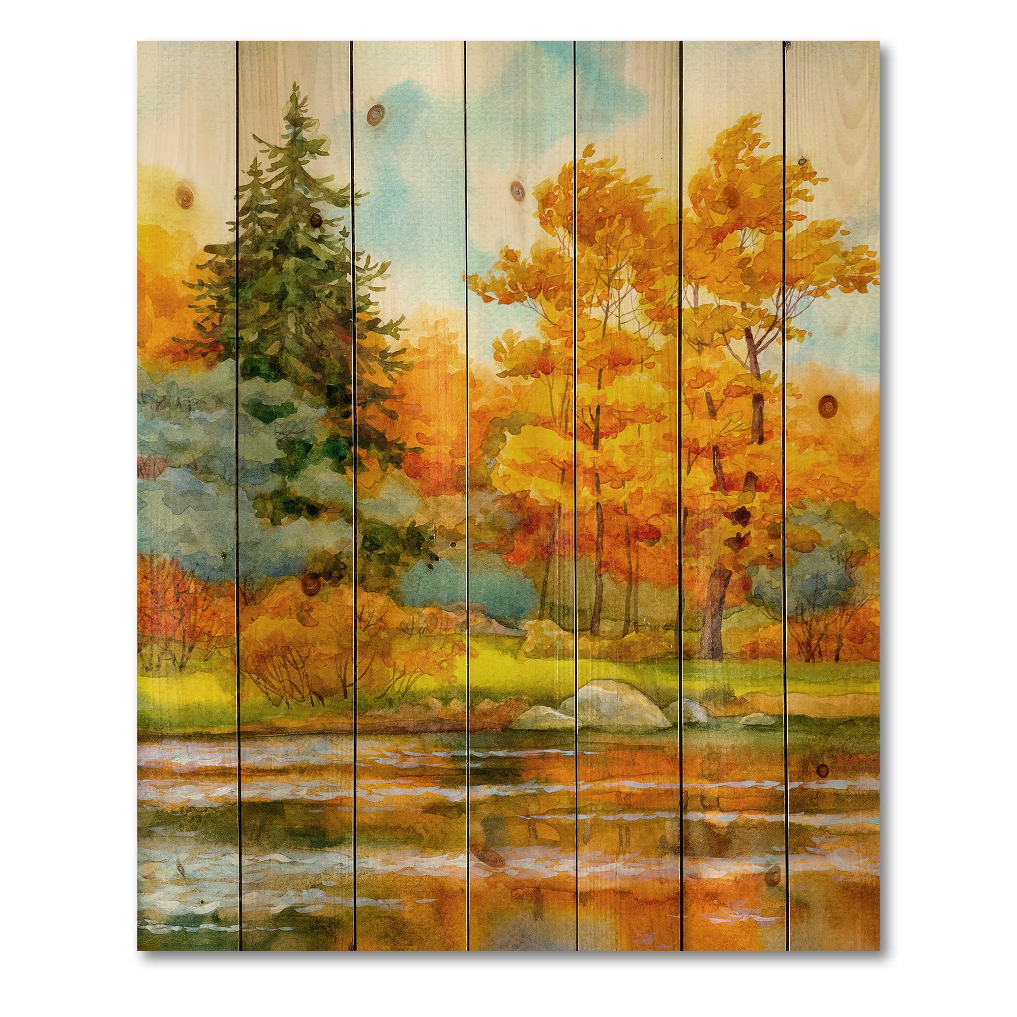 Designart 'Autumn Forest By The Lake Side I' Lake House Print on Natural Pine Wood