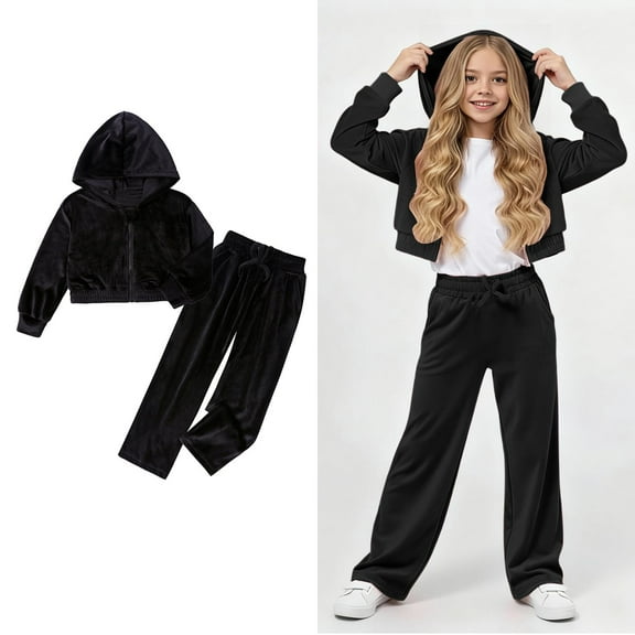 Toddler Sweatsuits for Girls Velour Black Sweatsuit Kids Zipper Cropped Hoodie Sweatpants Set Girl Suit 3-4 Years