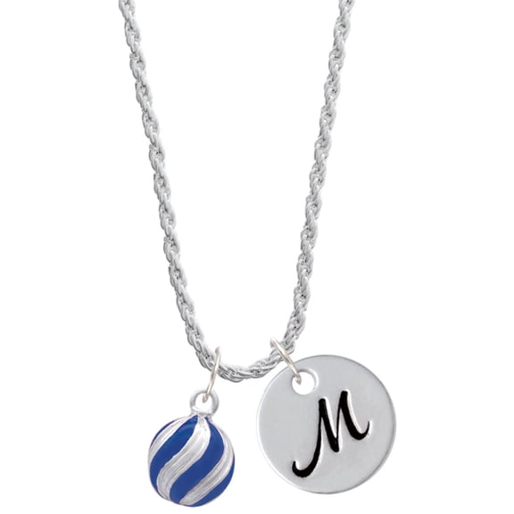 Delight Jewelry Silvertone 3-D Blue Striped Ornament Silvertone Script Initial Disc - M - Charm Necklace, 20"+3"