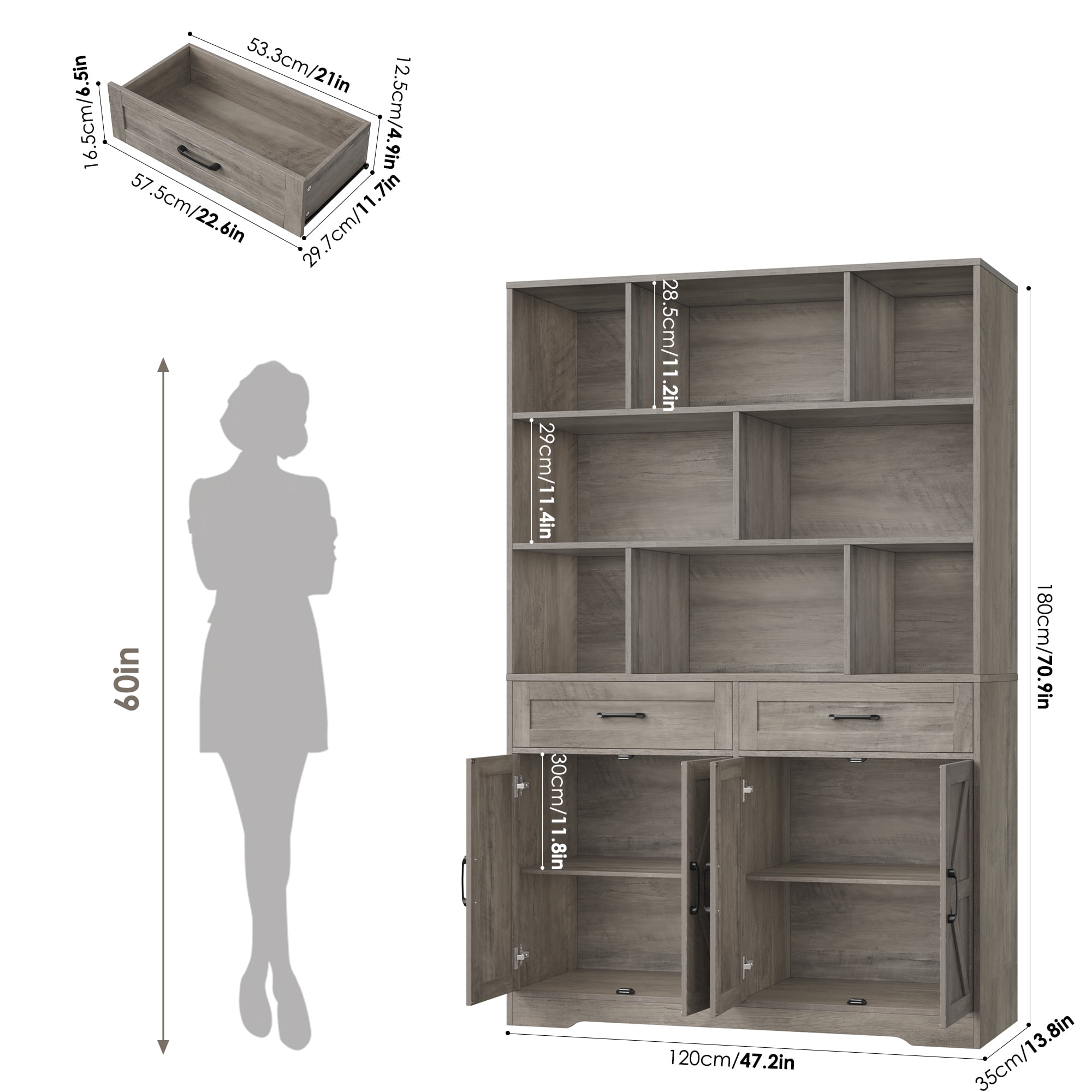 Hiphuta 71"Tall Bookcases with Drawers & Doors, 47” Wide Large Bookshelf for Home Office 6-Tier Bookshelf , Wooden Book Storage Cabinet for Home Office Living Room, Ash Gray
