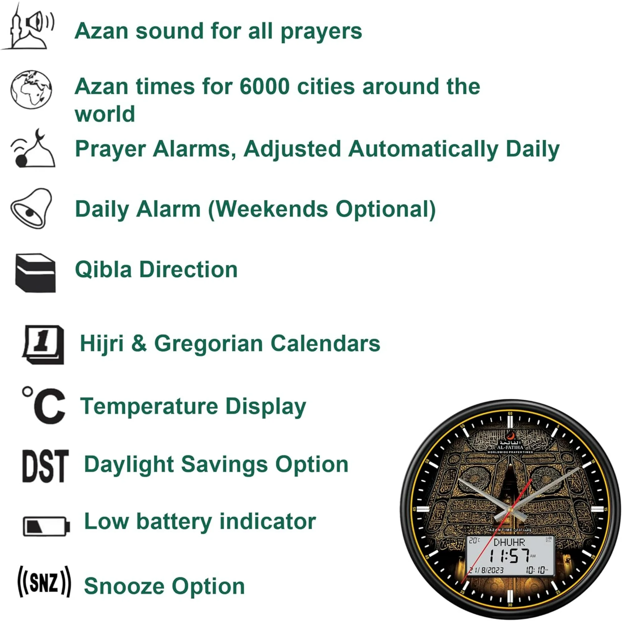 Azan Clock Large Round Wall Automatic Madina Muslim Azan Clock