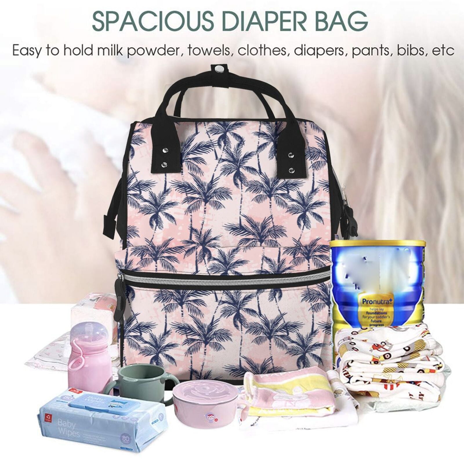 Ratiio Tropics Palm Trees Mummy Backpack - Waterproof Twill Canvas, Large Capacity Diaper Bag with Multiple Pockets and Adjustable Straps