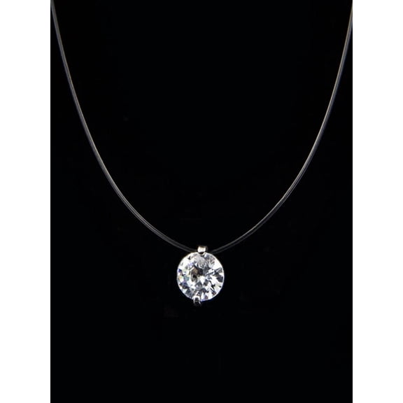 Solitaire Pendant Necklace With Clear Rhinestone On Silver-Tone Invisible Cord