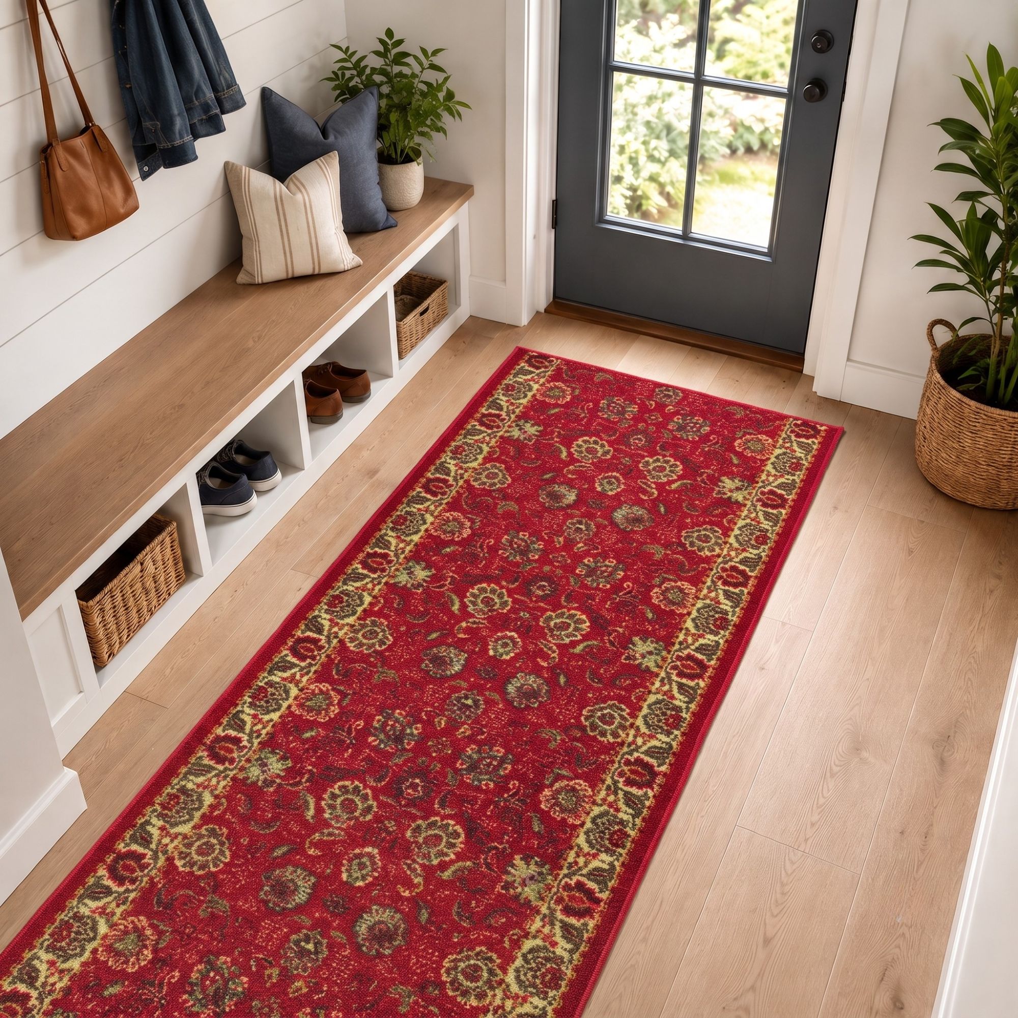 Ottomanson Extra Long Runner Rug 2'7" x 47' – Non-Slip Low Pile Hallway Carpet, Oriental Red