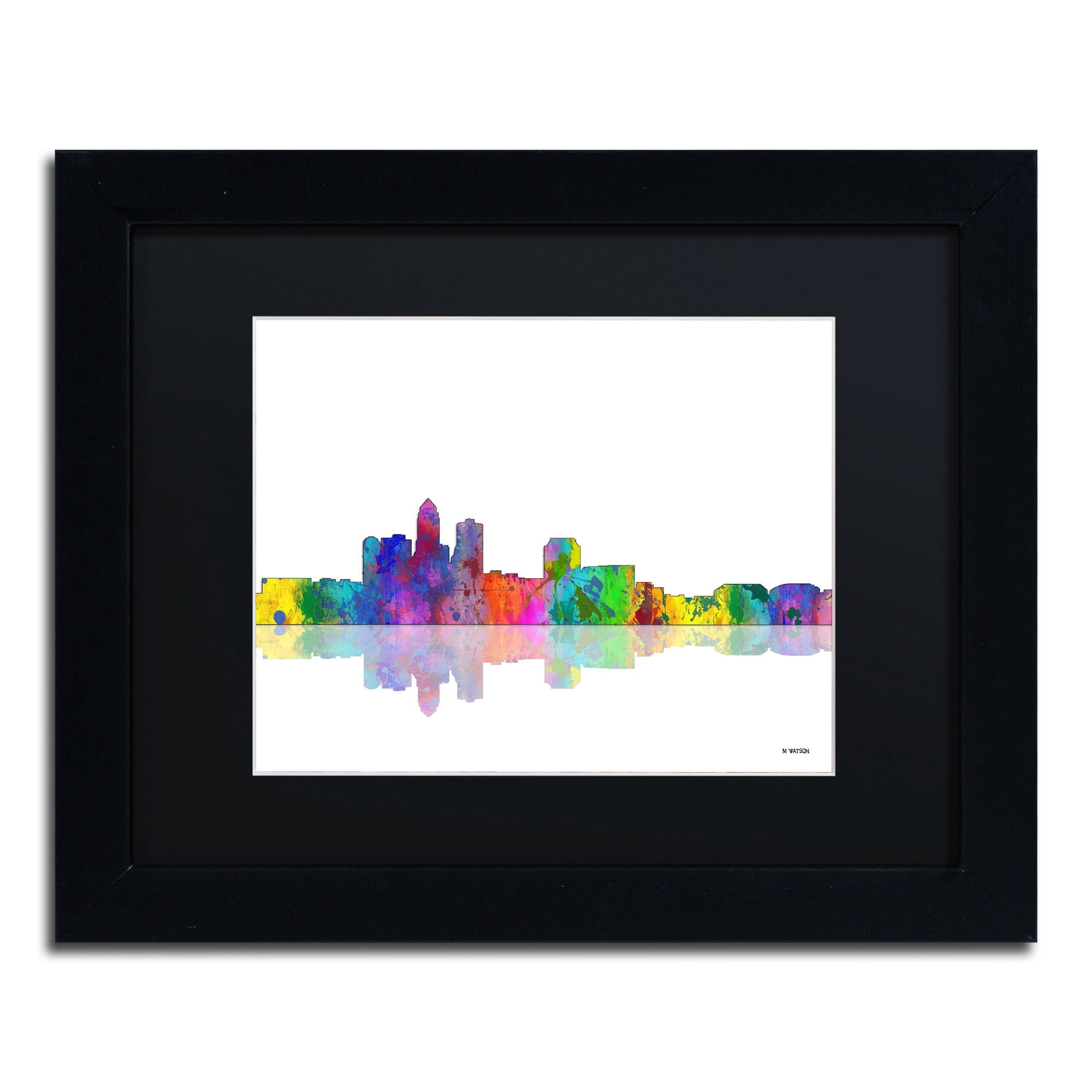 Trademark Fine Art "Des Moines Iowa Skyline" Canvas Art by Marlene Watson Black Mat, Black Frame