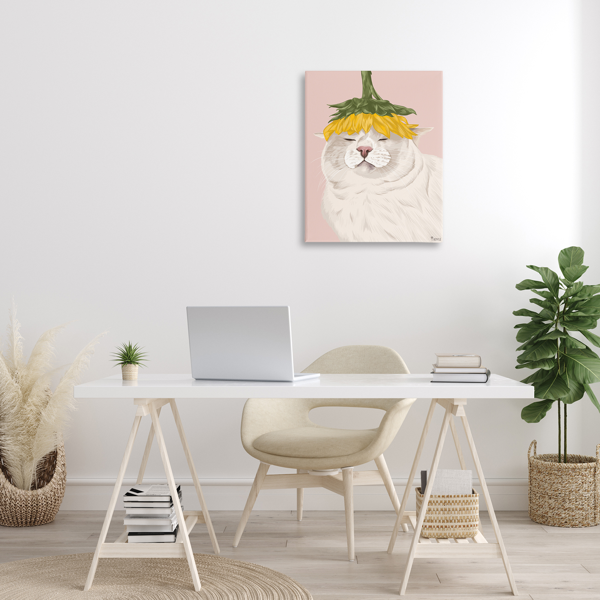 Stupell Industries Cat with Daisy on Head Animals & Insects Painting Gallery Wrapped Canvas Art Print Wall Art, 24 x 30