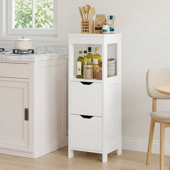 Walsunny Kitchen Pantry Storage Cabinet Food Pantry Cabinet Floor Cabinet for Dining Room Freestanding Cupboard with Drawers Open Shelf White