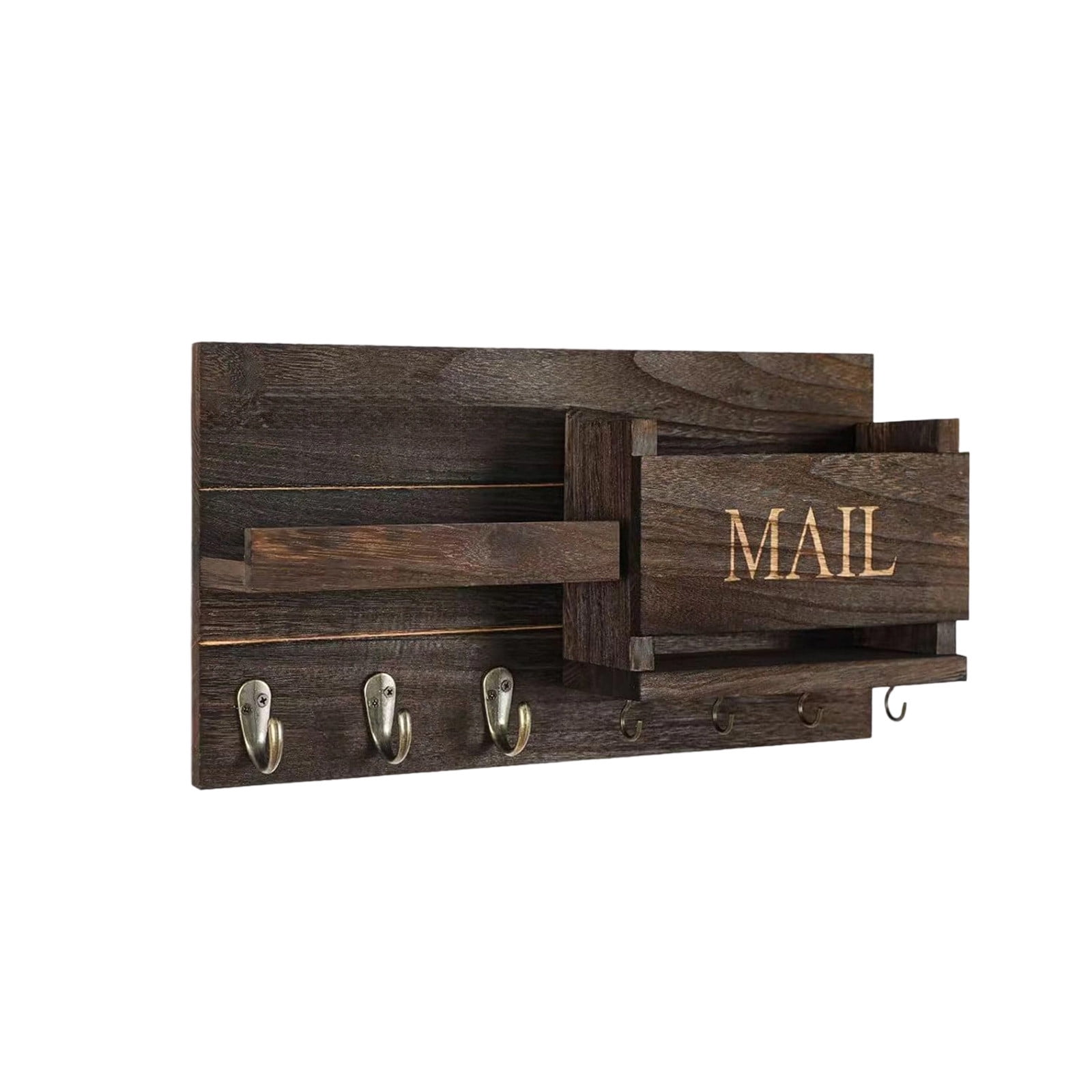 PONPRNGY Mail Organizer for Wall Mount – Key Holder with Shelf Includes Letter Holder and Hooks for Hallway Farmhouse Decor – Rustic Wood with Flush Mounting Hardware
