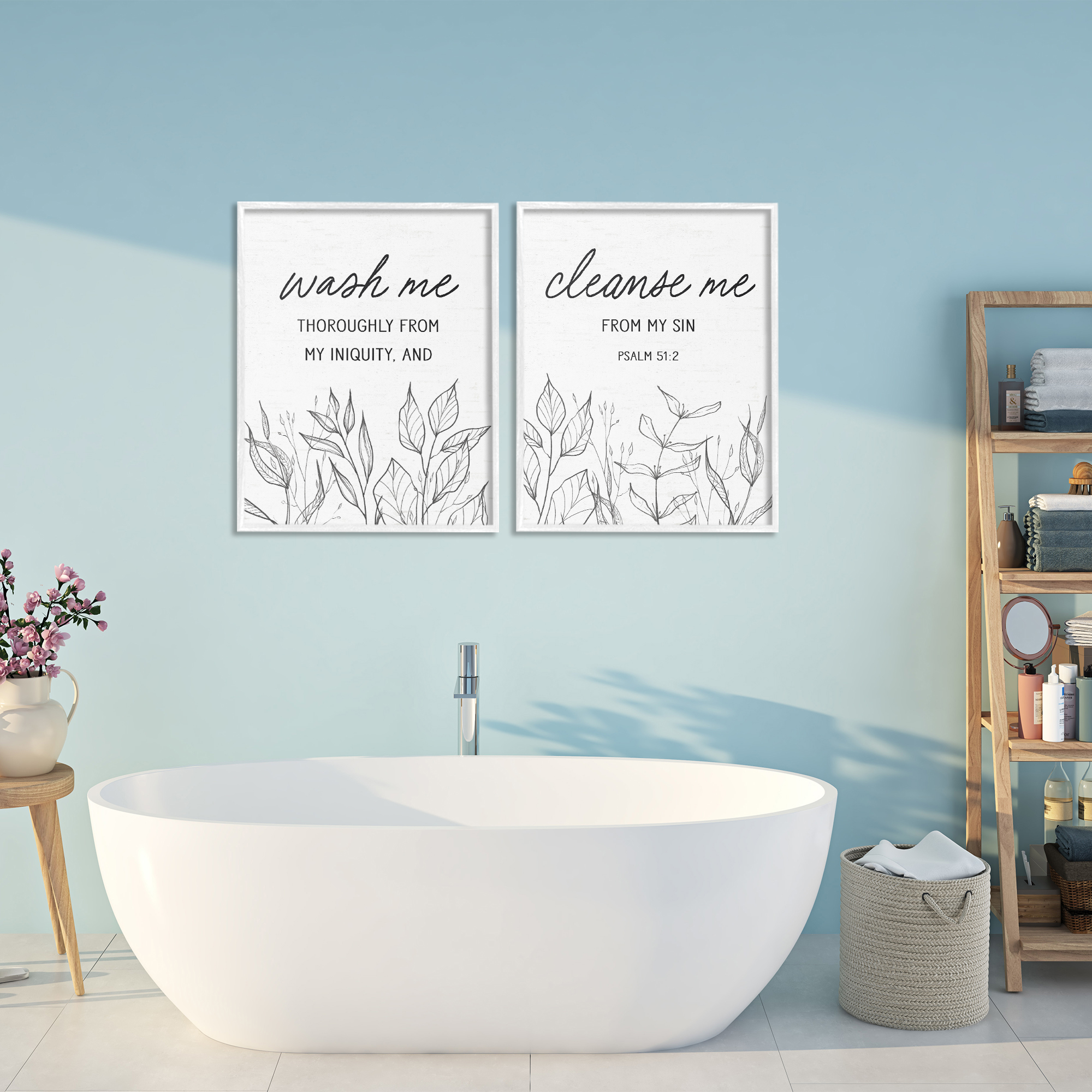 Wash & Cleanse Me Scripture 2 Piece White Framed Giclee Art Set, design by Lettered and Lined