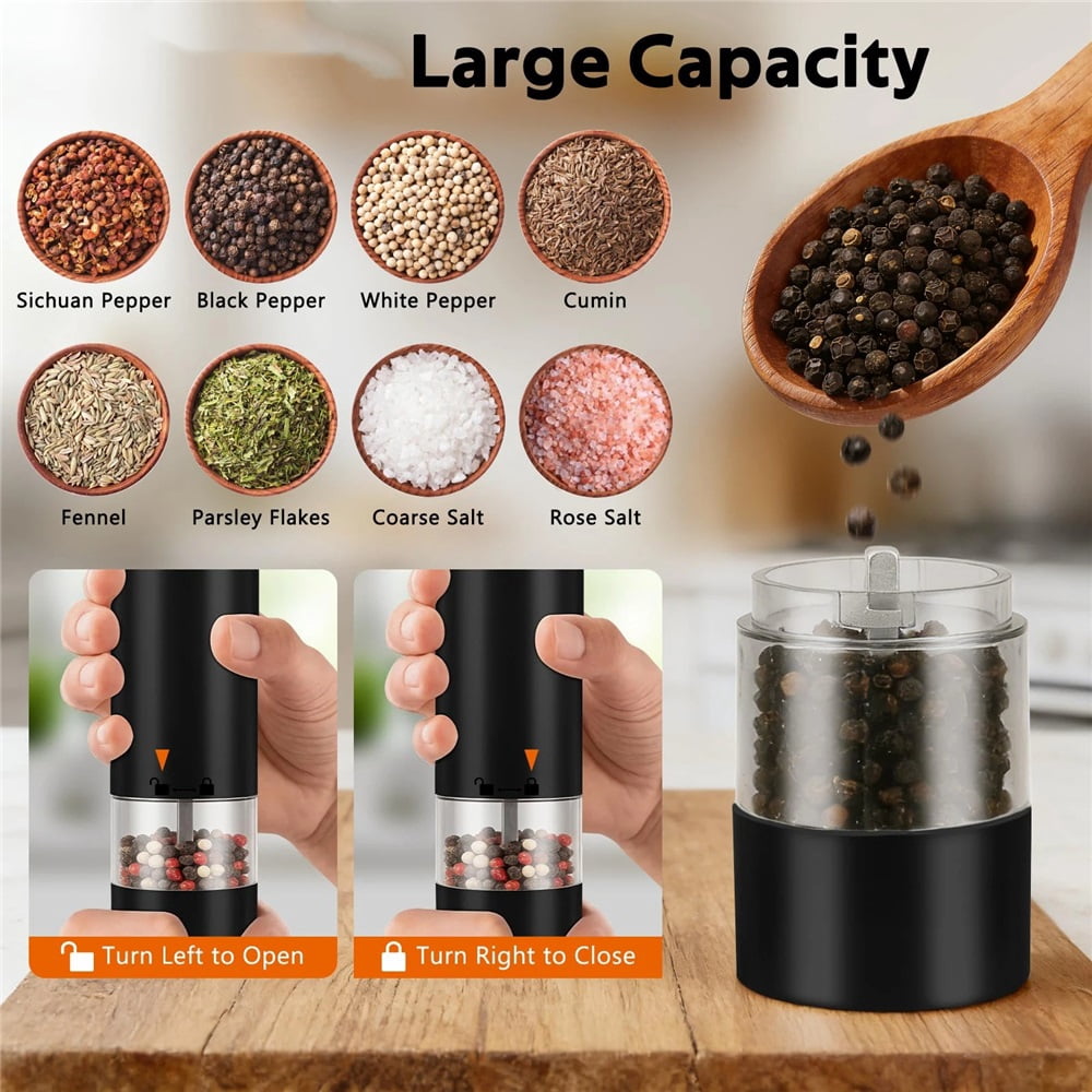 2 pack Electric Salt & Pepper Grinder Set 40mL Capacity – Operated Shakers, Adjustable Coarseness, Type C Charging